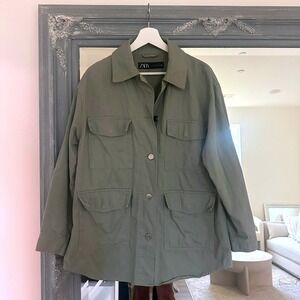 ZARA Men's Cargo Barn Jacket Green Button Front Pockets Long Sleeve S